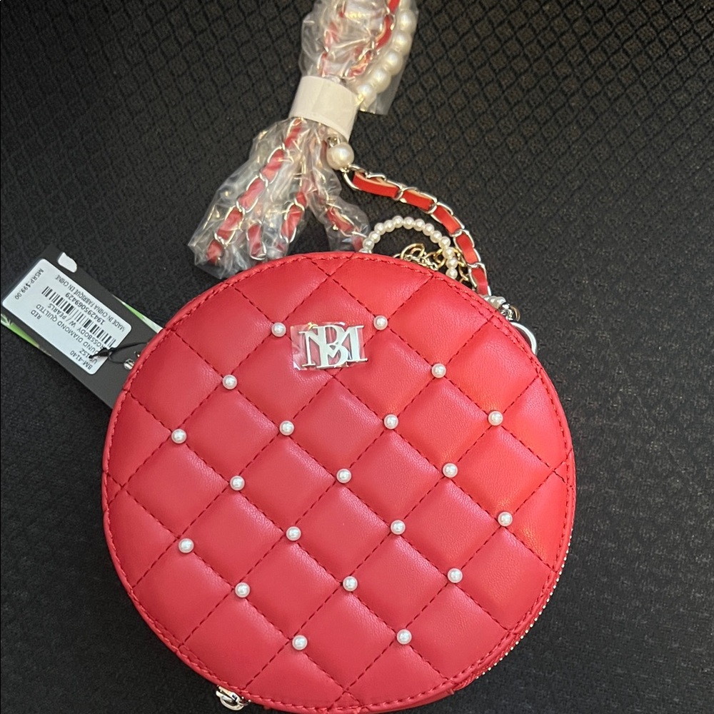 Badgley Mischka Red Quilted Mini Bag with Pearl Details